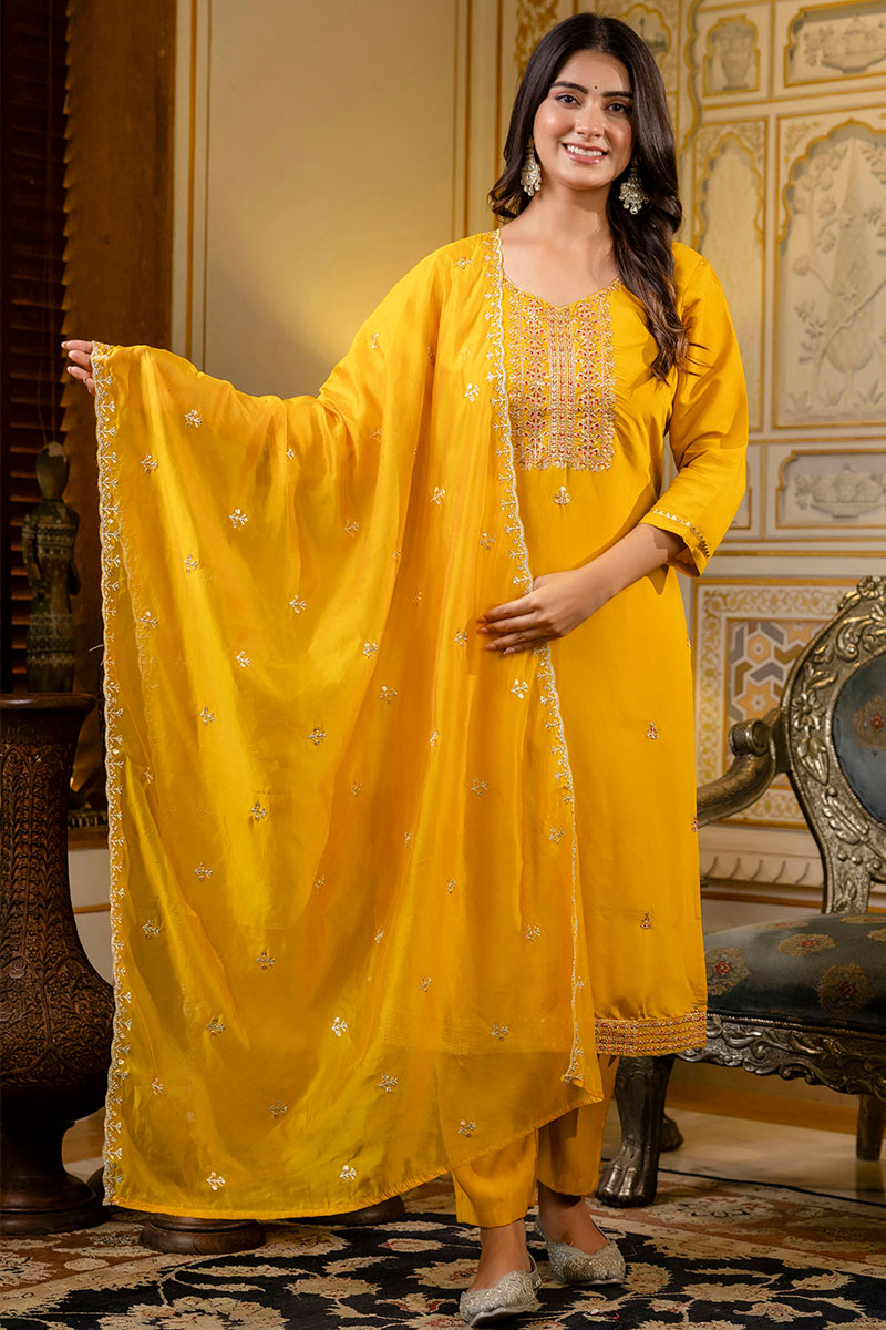 Elegant Mustard Embroidered Salwar Kameez Set with Dupatta LF