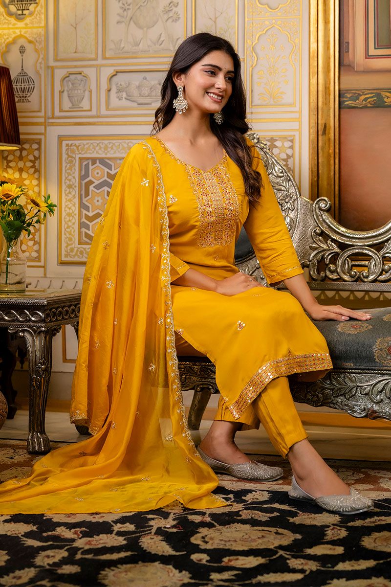 Elegant Mustard Embroidered Salwar Kameez Set with Dupatta LF