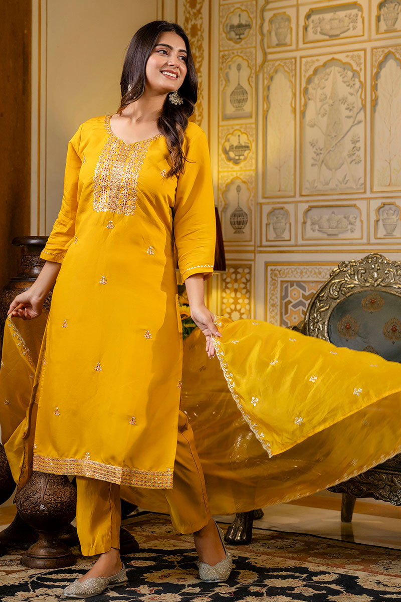 Elegant Mustard Embroidered Salwar Kameez Set with Dupatta LF