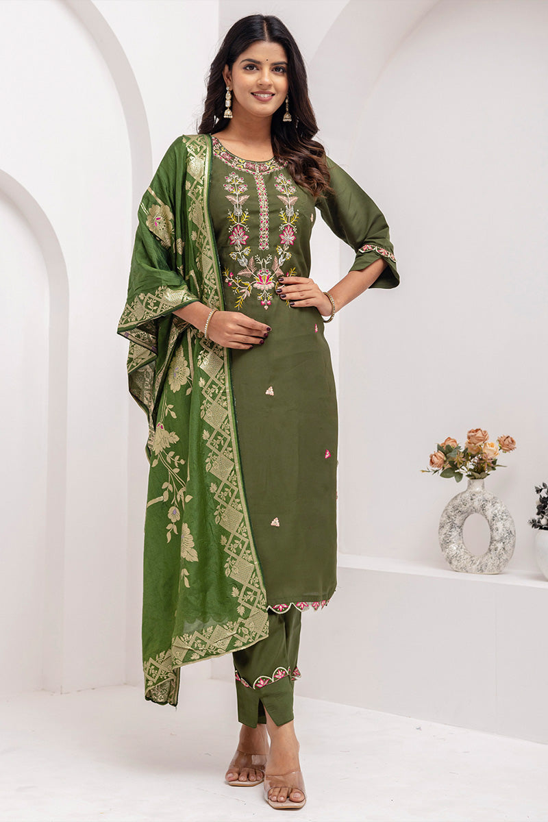 Women’s Mehendi Green Kurta Set | Embroidered Dupatta Outfit at Best Price UK RTI