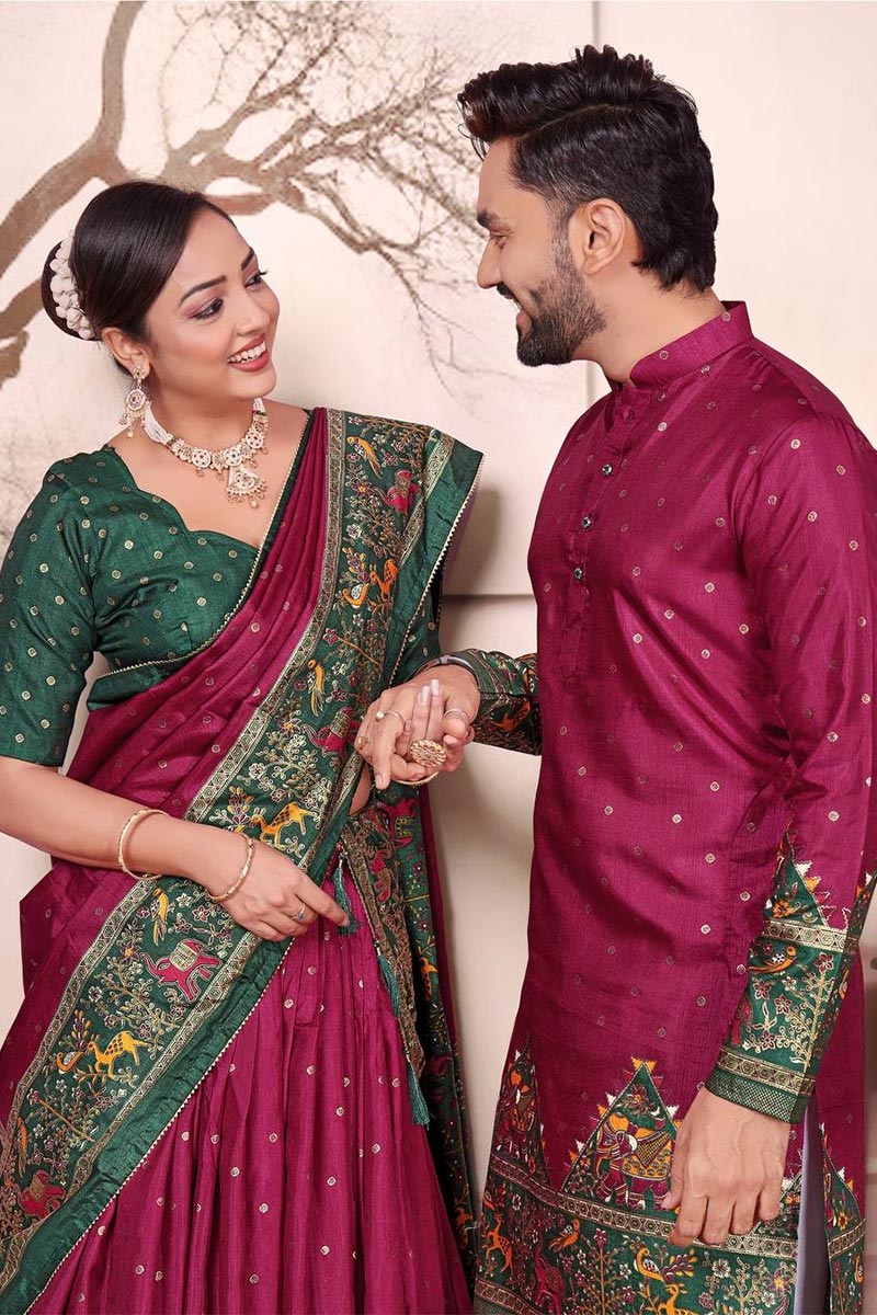 Burgundy Dola Silk Lehenga Choli & Kurta Pajama Couple Combo RTI
