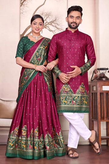 Burgundy Dola Silk Lehenga Choli & Kurta Pajama Couple Combo RTI