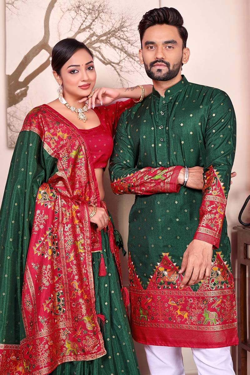 Green & Red Traditional Lehenga Choli and Kurta Pajama Couple Combo RTI