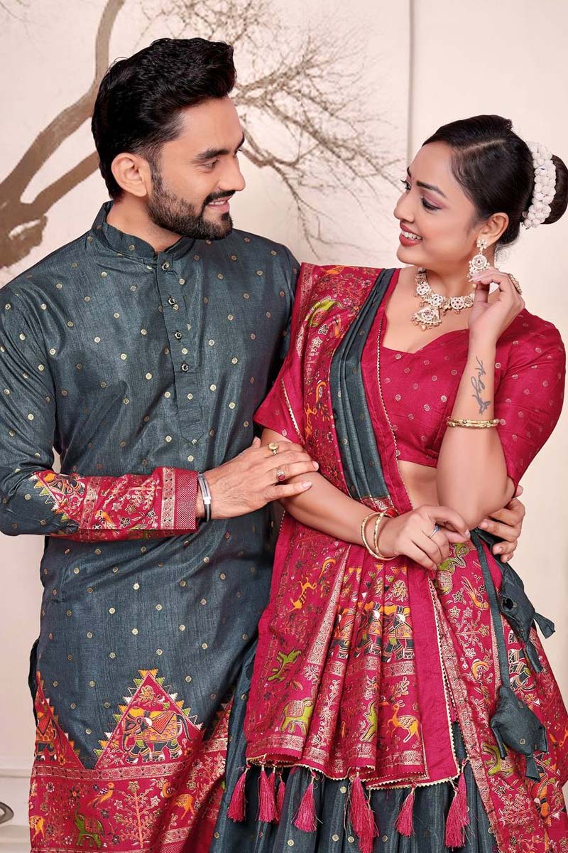 Wedding Wear Patola Print Grey Lehenga Choli Kurta Pajama Couple Combo RTI