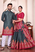 Wedding Wear Patola Print Grey Lehenga Choli Kurta Pajama Couple Combo RTI