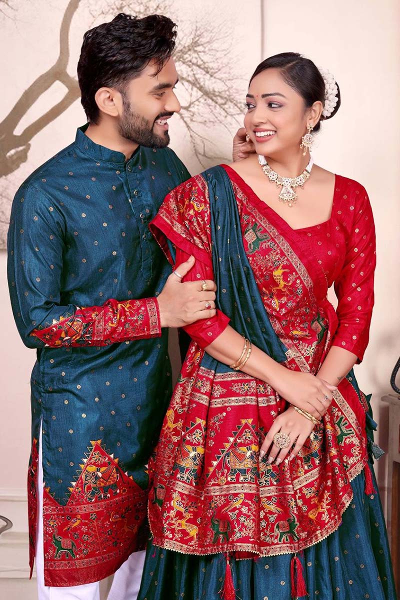 Teal & Red Dola Silk Lehenga Choli Kurta Pajama Couple Combo RTI