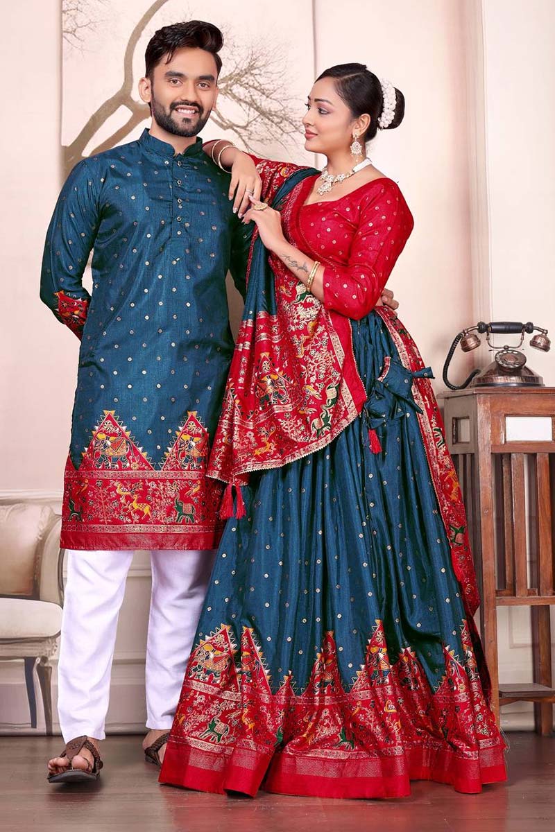 Teal & Red Dola Silk Lehenga Choli Kurta Pajama Couple Combo RTI