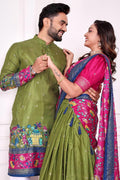 Mehendi Green Ethnic Wear Dola Silk Lehenga Choli Kurta Set Couple Combo RTI