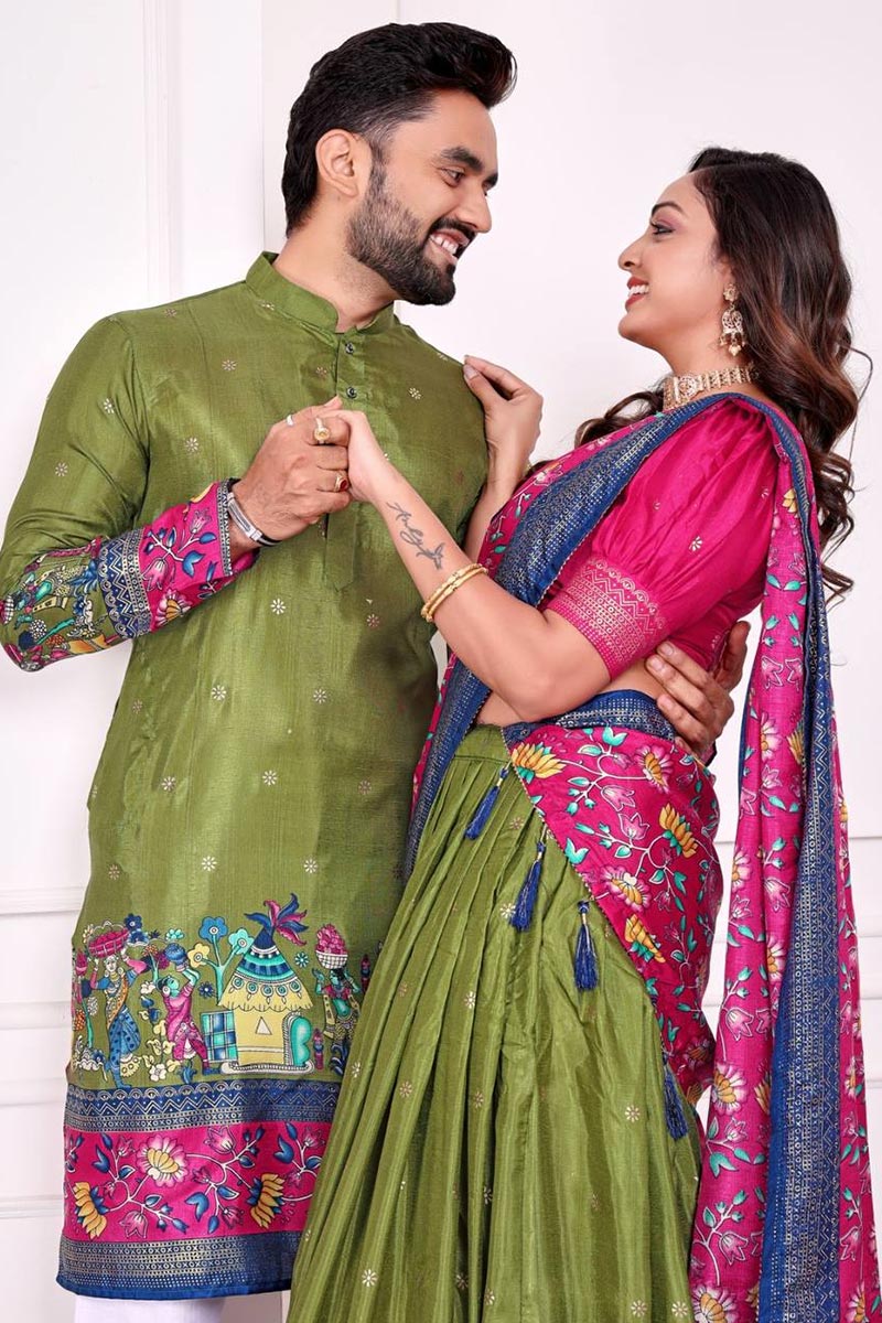 Mehendi Green Ethnic Wear Dola Silk Lehenga Choli Kurta Set Couple Combo RTI