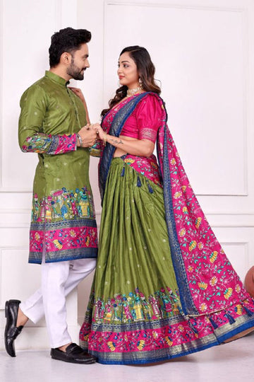 Mehendi Green Ethnic Wear Dola Silk Lehenga Choli Kurta Set Couple Combo RTI
