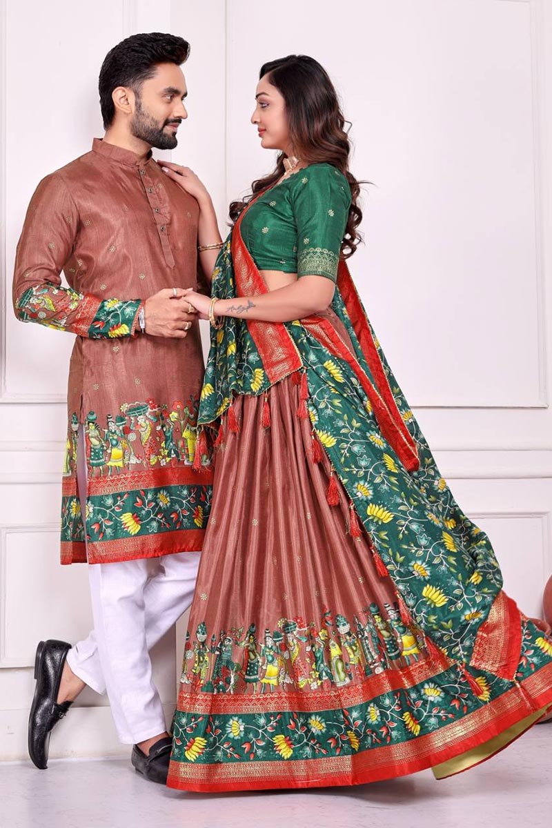 Foil Work Patola Print Lehenga Choli Kurta Pajama Couple Combo Set RTI