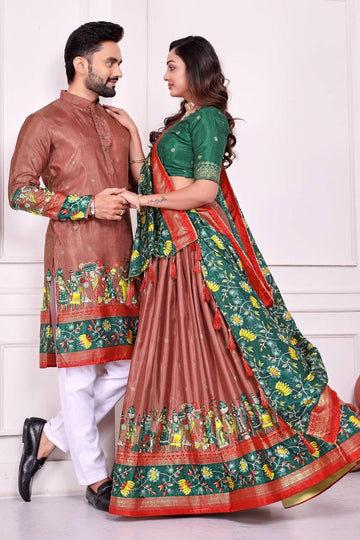 Foil Work Patola Print Lehenga Choli Kurta Pajama Couple Combo Set RTI