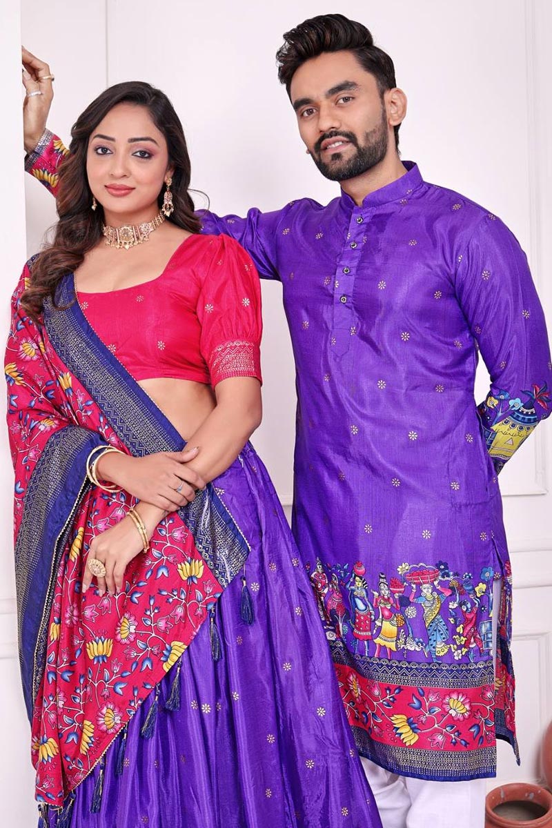 Purple Festival Special Dola Silk Lehenga Choli & Kurta Pajama Couple Combo RTI