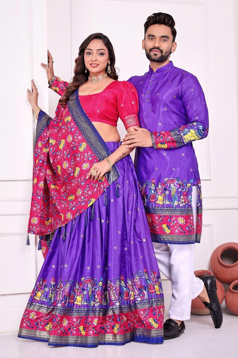 Purple Festival Special Dola Silk Lehenga Choli & Kurta Pajama Couple Combo RTI