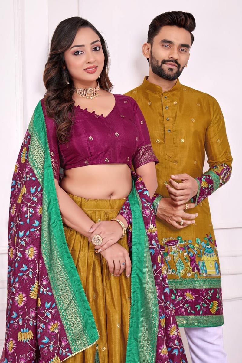 Designer Look Dola Silk Lehenga Choli Kurta Pajama Couple Combo RTI