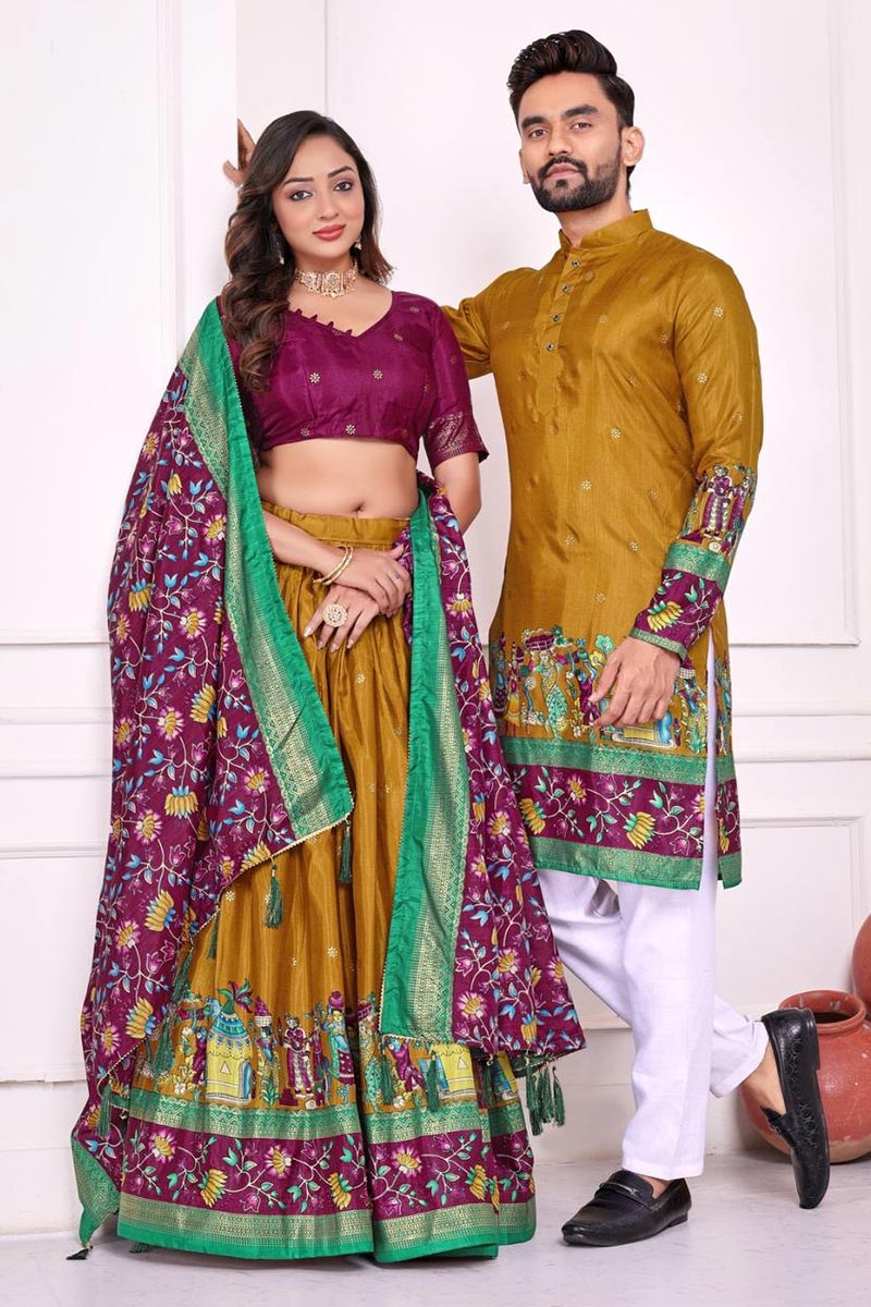 Designer Look Dola Silk Lehenga Choli Kurta Pajama Couple Combo RTI