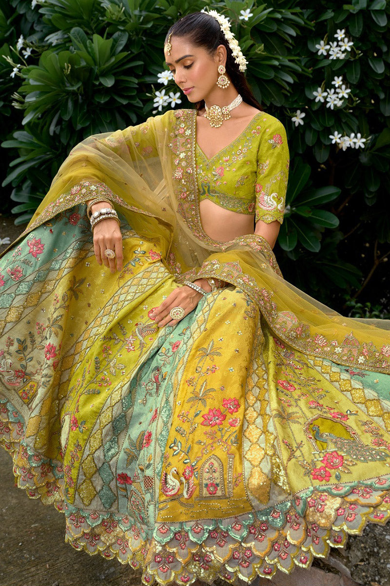 Designer Multi-Tone Lehenga with Dupatta – Green & Gold Embroidery RTI