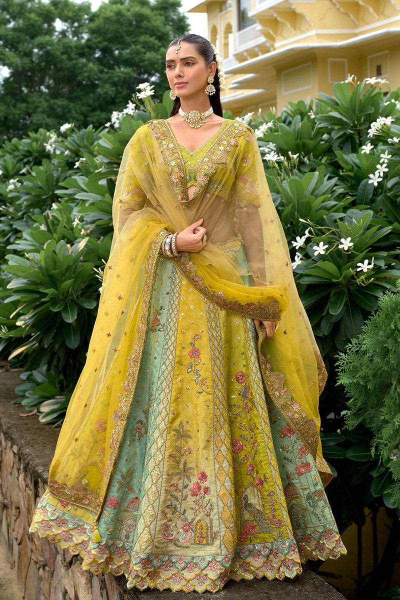 Designer Multi-Tone Lehenga with Dupatta – Green & Gold Embroidery RTI