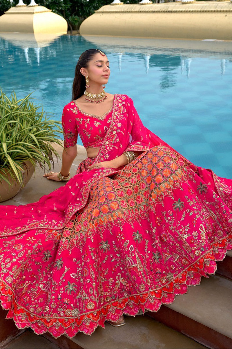 Vibrant Rose-Pink Embroidered Lehenga for Weddings & Festive Events RTI