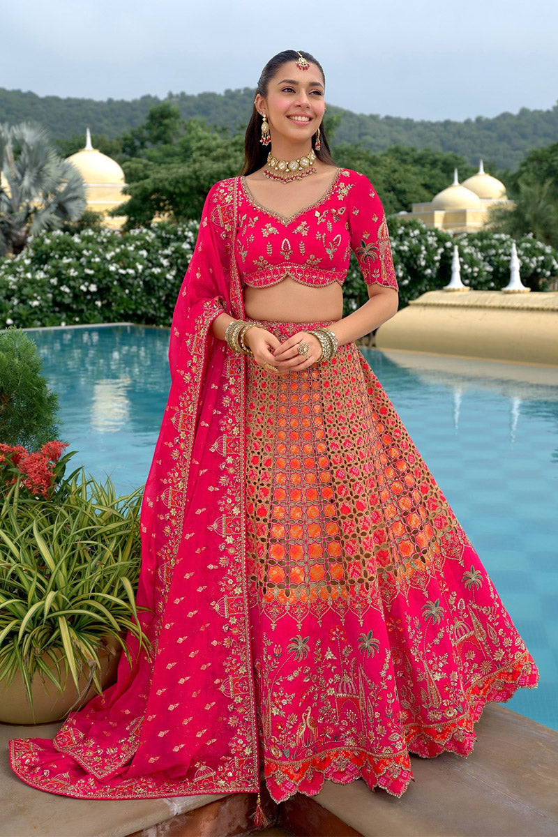Vibrant Rose-Pink Embroidered Lehenga for Weddings & Festive Events RTI
