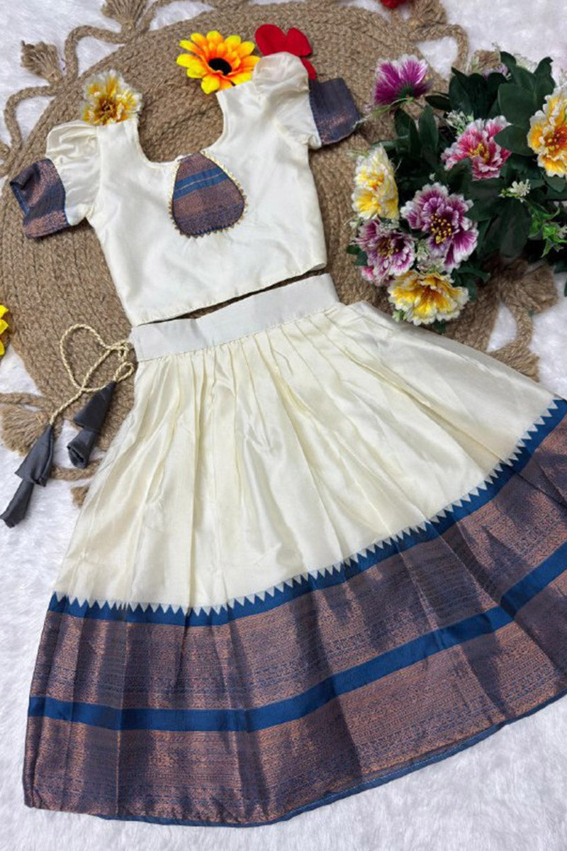 Beautiful Ivory & Navy Traditional Girls Ethnic Party Dress with Zari Border RTI