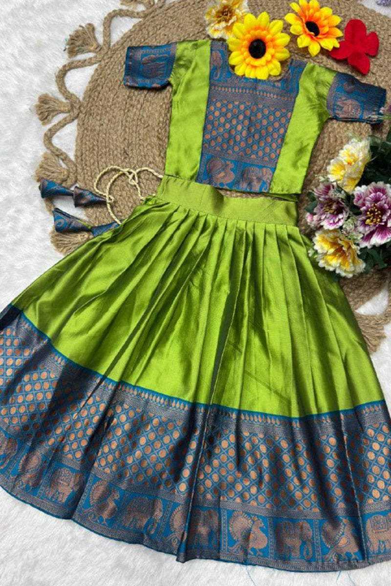 Green & Blue Classic Pattu Dress for Little Girls with Rich Zari Detailing RTI
