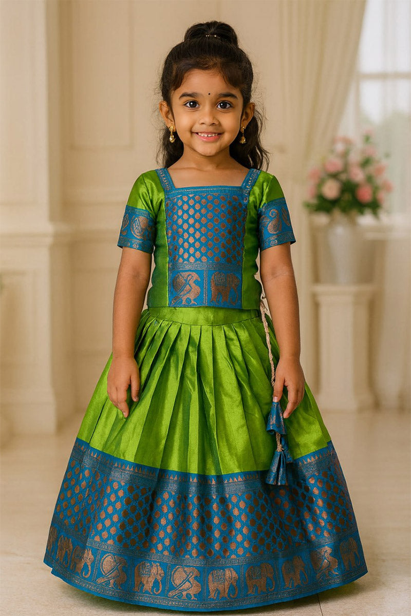 Green & Blue Classic Pattu Dress for Little Girls with Rich Zari Detailing RTI
