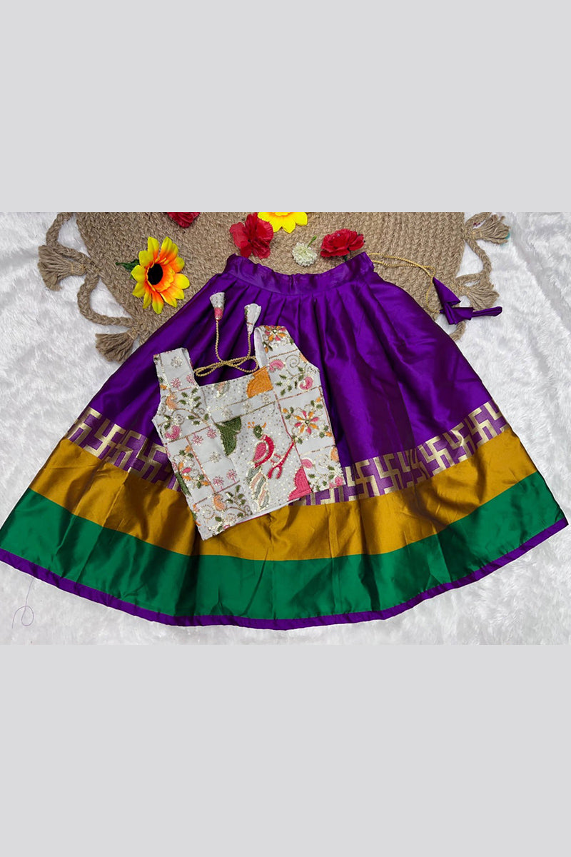 Purple & Gold Traditional Silk Girls’ Dress with Floral Bodice – Indian Festive/Occasion Wear RTI