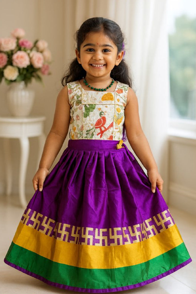 Purple & Gold Traditional Silk Girls’ Dress with Floral Bodice – Indian Festive/Occasion Wear RTI