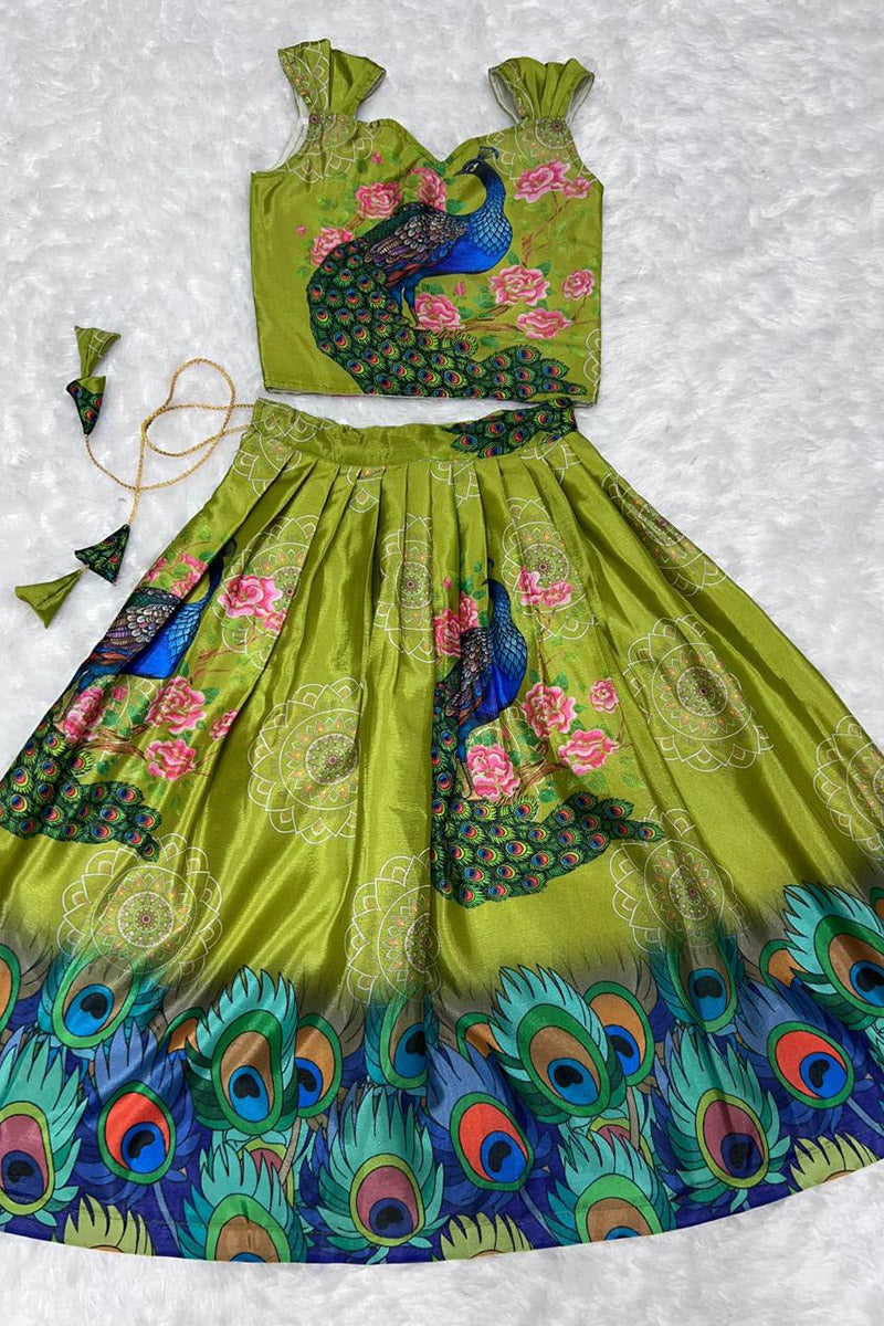 Indian Traditional Dress for Girls – Green Silk Skirt & Floral Top RTI