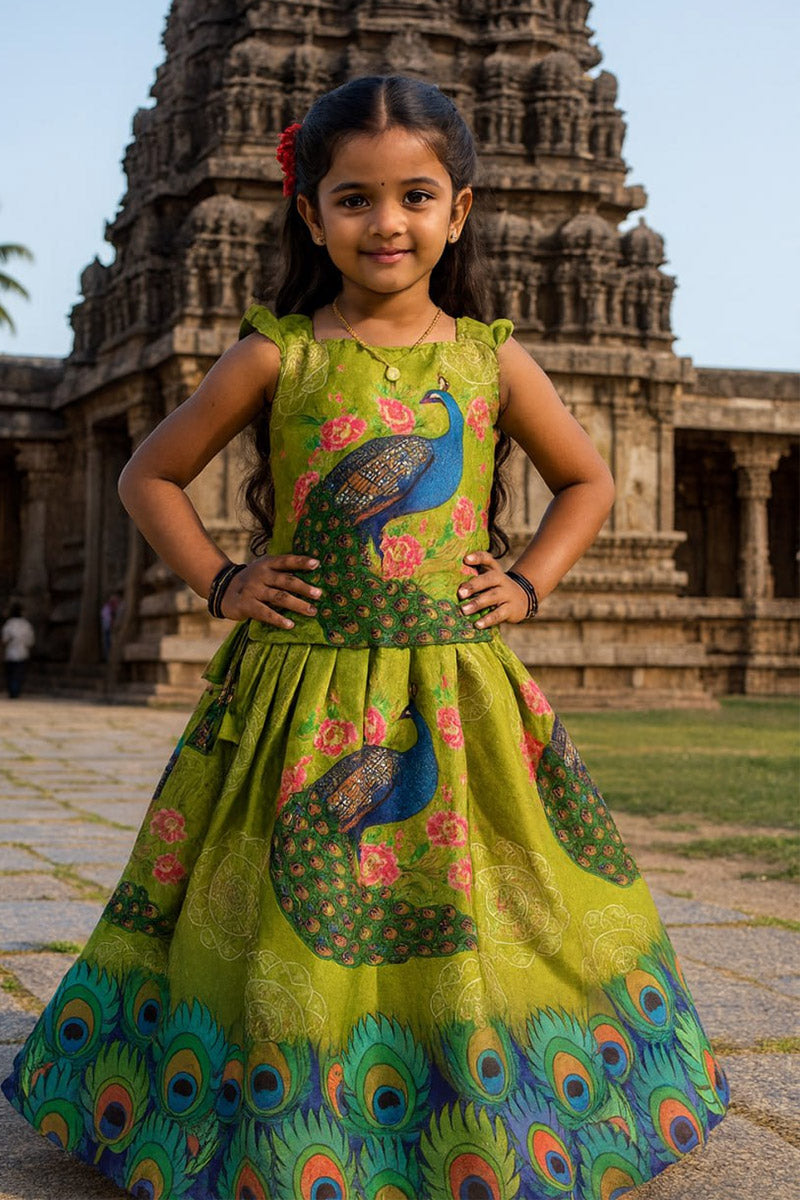 Indian Traditional Dress for Girls – Green Silk Skirt & Floral Top RTI