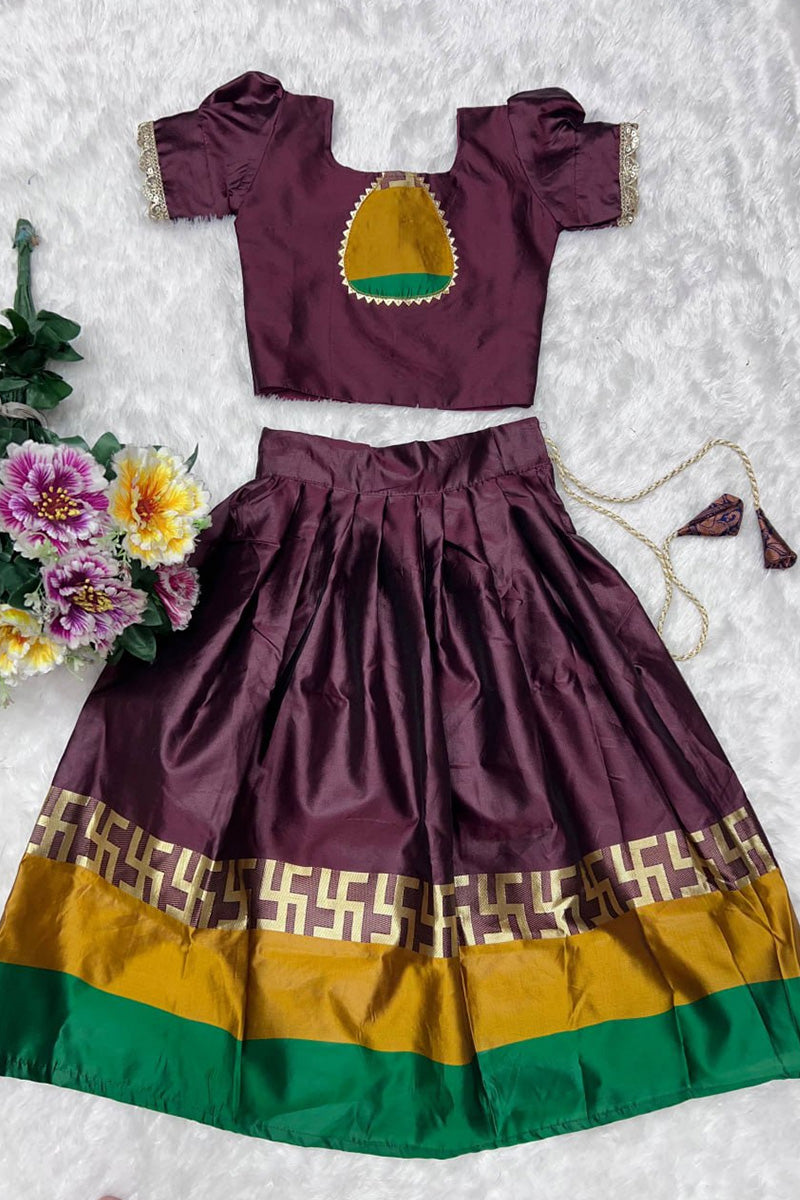 Heritage Silk Lehenga Choli for Girls – Dark Burgundy Festive Dress RTI