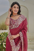 “Wine Maroon Embroidered Georgette Saree with Heavy Border – Designer Ethnic Wear” RTI