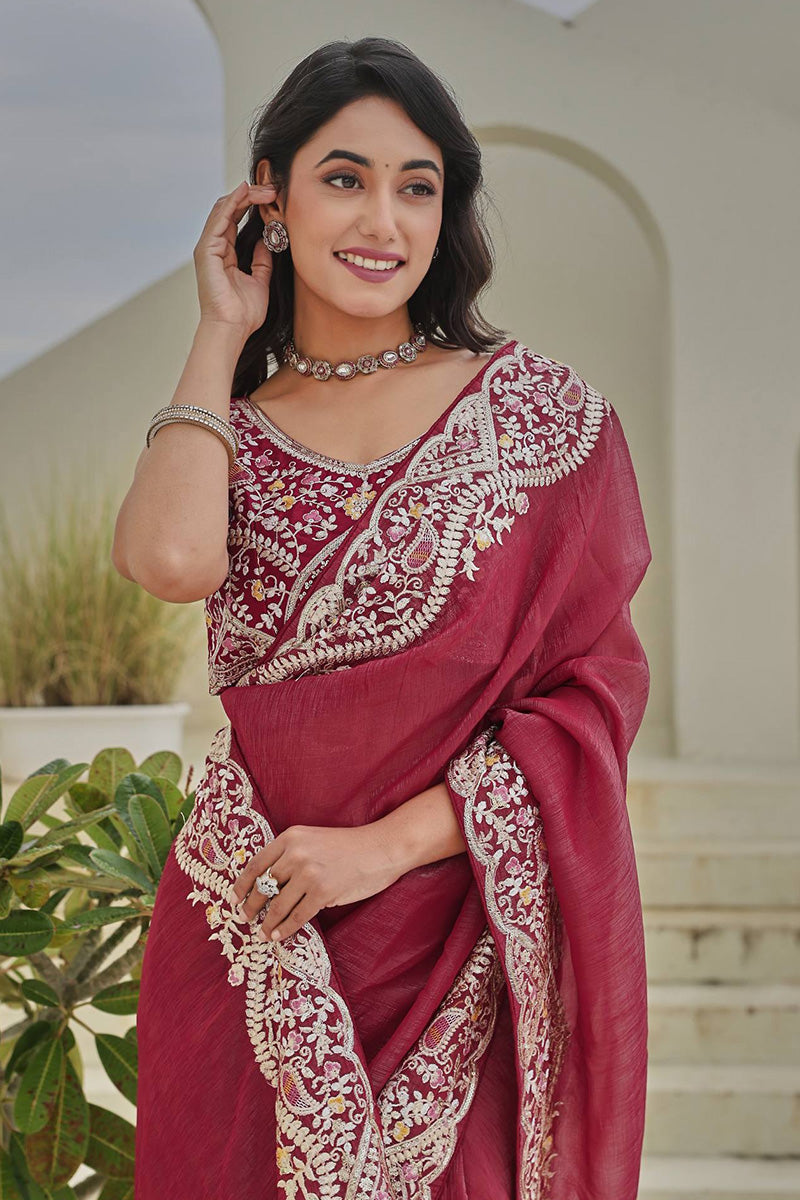 “Wine Maroon Embroidered Georgette Saree with Heavy Border – Designer Ethnic Wear” RTI
