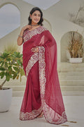 “Wine Maroon Embroidered Georgette Saree with Heavy Border – Designer Ethnic Wear” RTI