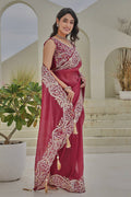 “Wine Maroon Embroidered Georgette Saree with Heavy Border – Designer Ethnic Wear” RTI