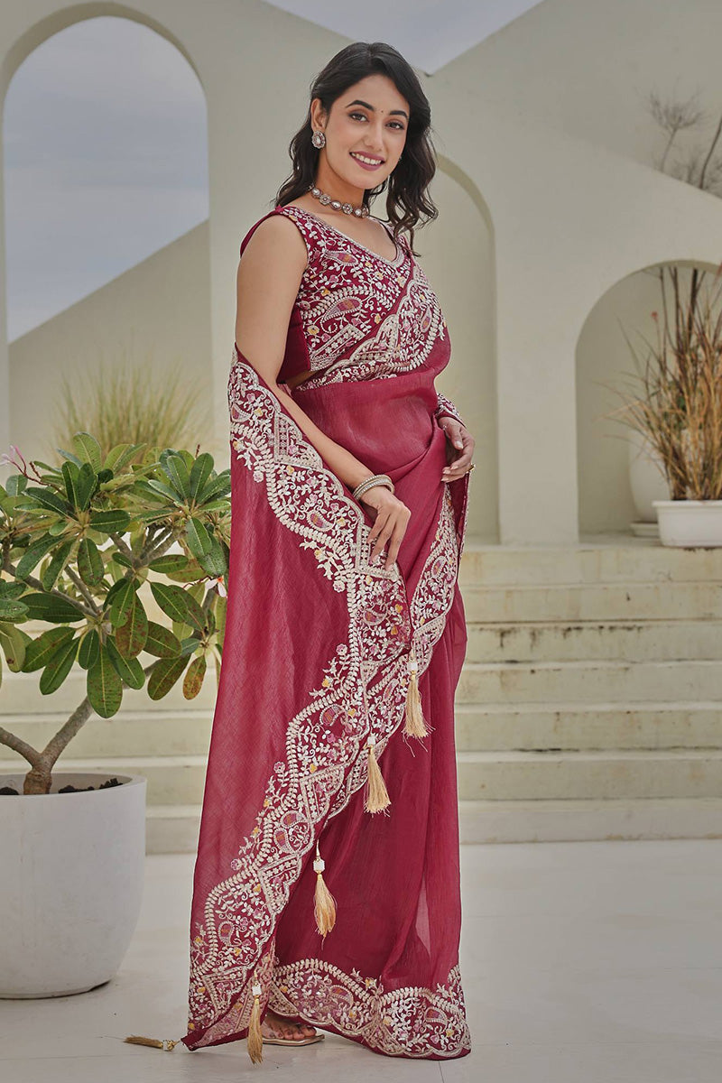 “Wine Maroon Embroidered Georgette Saree with Heavy Border – Designer Ethnic Wear” RTI