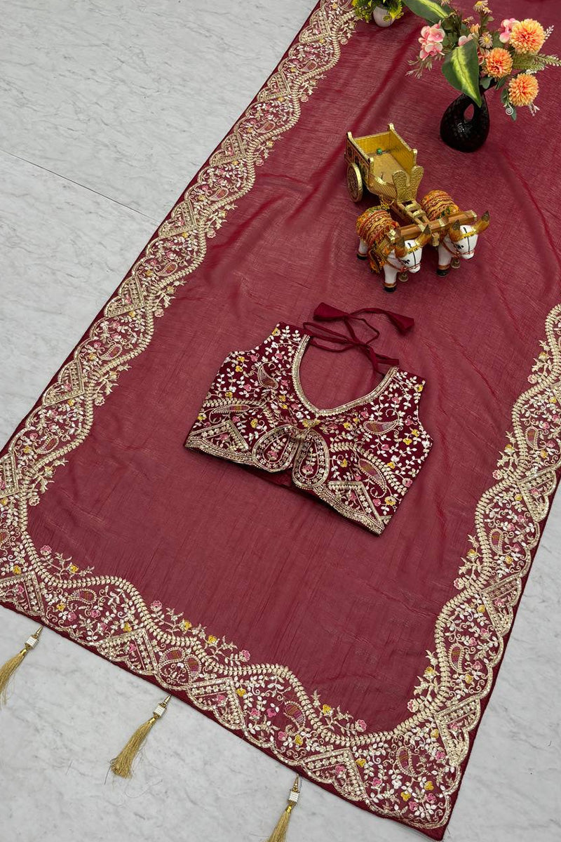 “Wine Maroon Embroidered Georgette Saree with Heavy Border – Designer Ethnic Wear” RTI