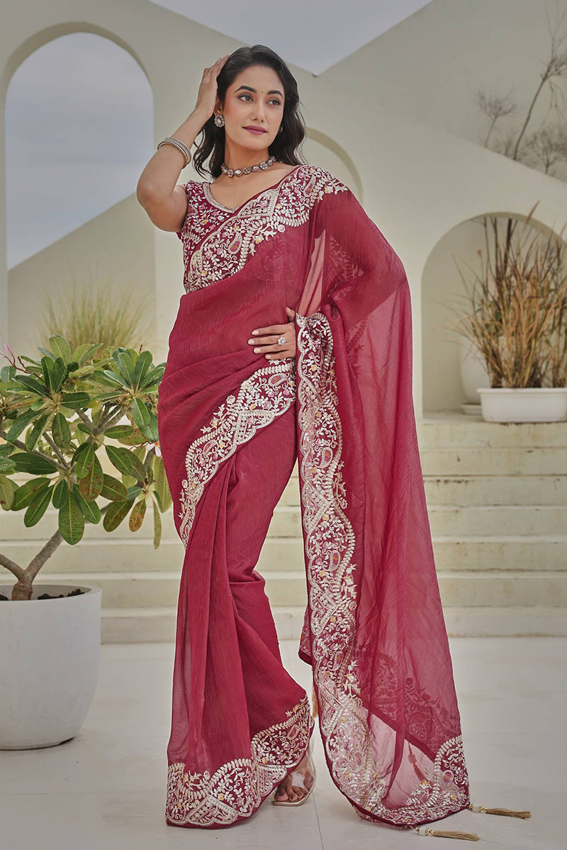“Wine Maroon Embroidered Georgette Saree with Heavy Border – Designer Ethnic Wear” RTI