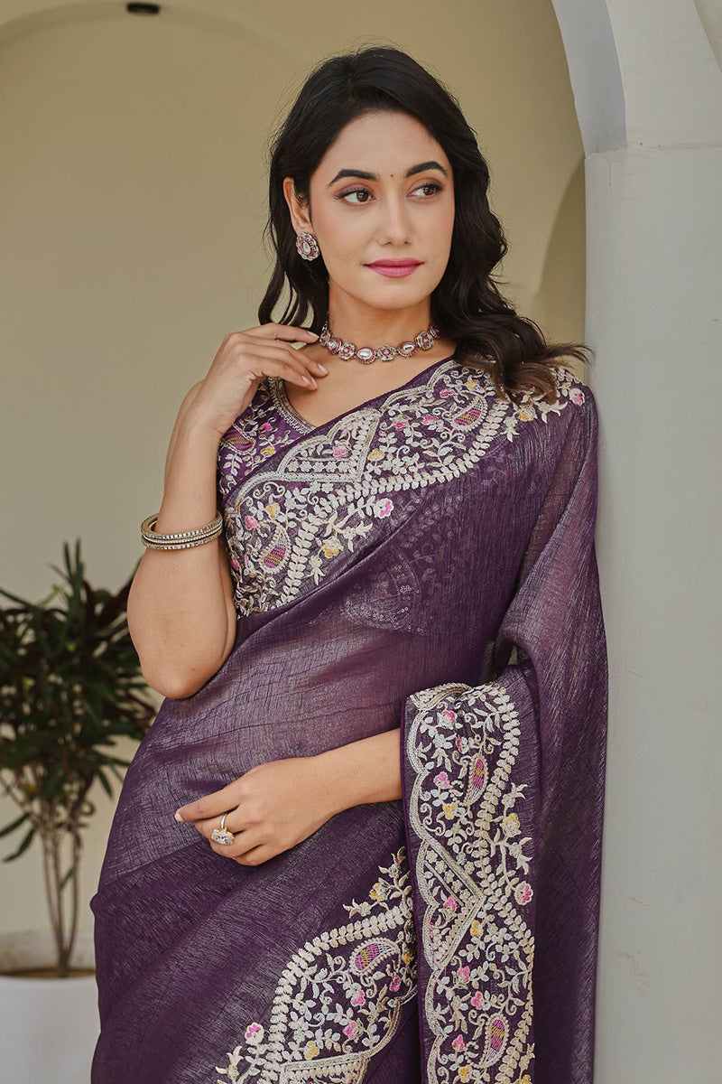 Purple Embroidered  Mono Silk Saree with Heavy Border – Designer Ethnic Wear RTI