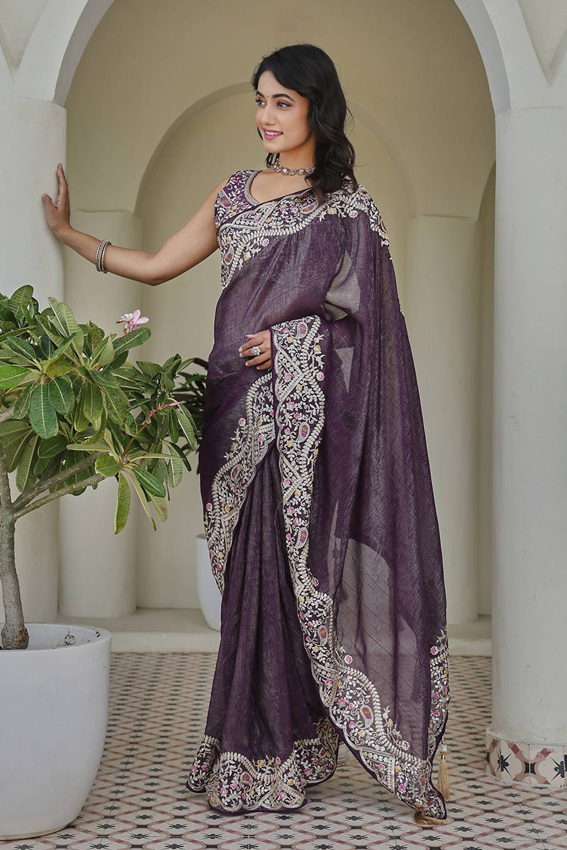 Purple Embroidered  Mono Silk Saree with Heavy Border – Designer Ethnic Wear RTI