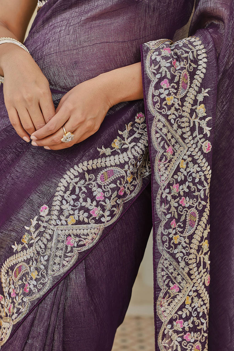 Purple Embroidered  Mono Silk Saree with Heavy Border – Designer Ethnic Wear RTI
