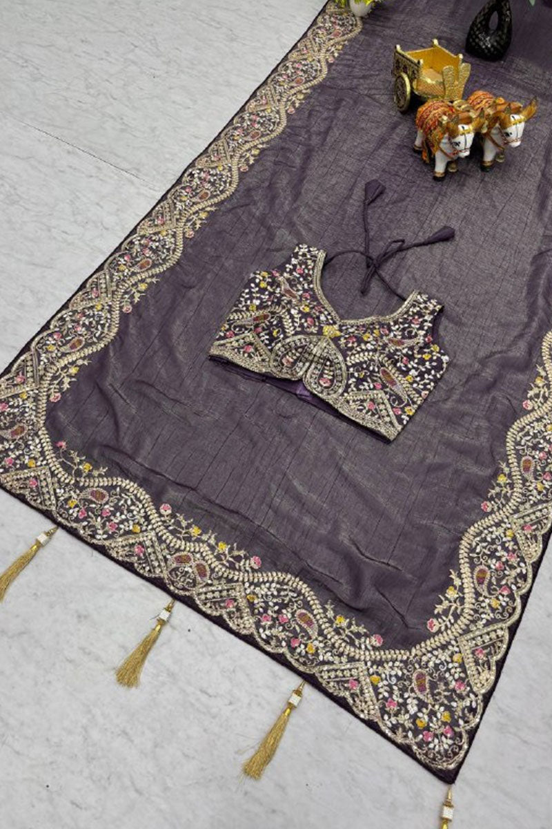 Purple Embroidered  Mono Silk Saree with Heavy Border – Designer Ethnic Wear RTI