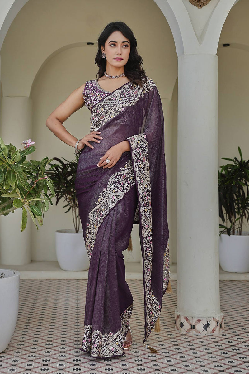 Purple Embroidered  Mono Silk Saree with Heavy Border – Designer Ethnic Wear RTI