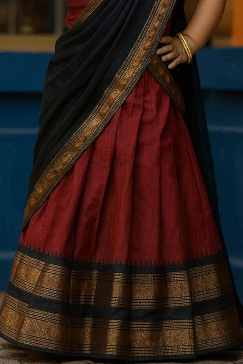 Traditional Indian Kids Saree Style Dress – Burgundy & Black with Gold Border RTI
