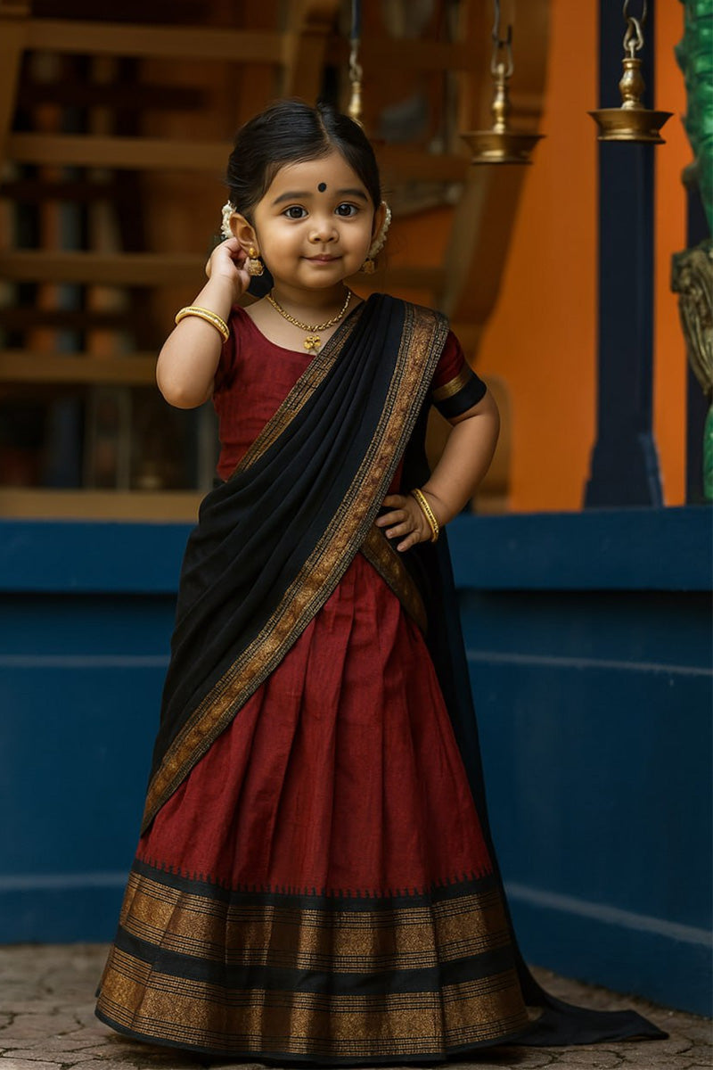 Traditional Indian Kids Saree Style Dress – Burgundy & Black with Gold Border RTI