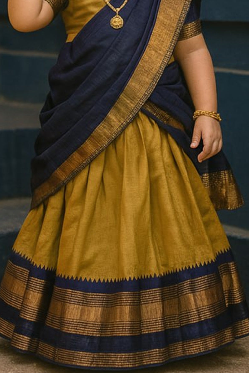Girls’ Indian Saree Style Dress – Gold & Navy Blue Pattu Pavadai for Festivals RTI
