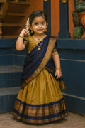 Girls’ Indian Saree Style Dress – Gold & Navy Blue Pattu Pavadai for Festivals RTI