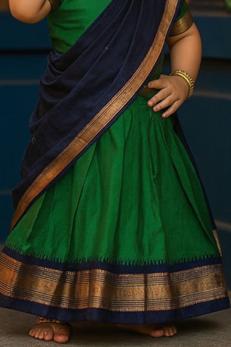Beautiful Kids Traditional Saree Outfit – Green & Navy Blue Pattu Pavadai UK RTI