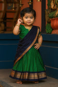 Beautiful Kids Traditional Saree Outfit – Green & Navy Blue Pattu Pavadai UK RTI